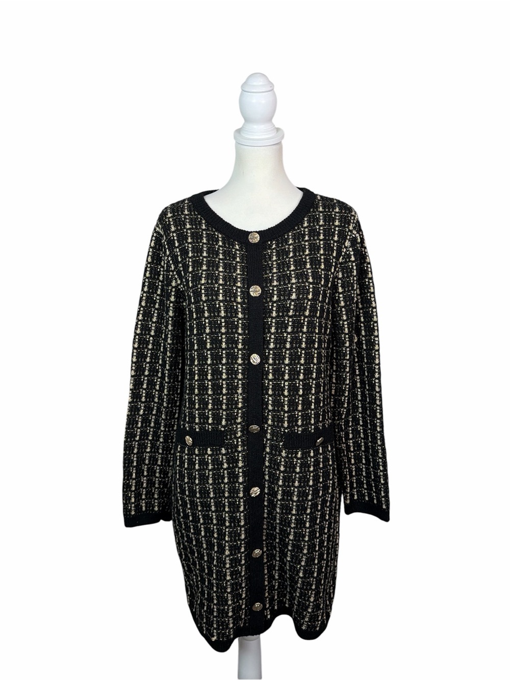 Tahari Women’s Large Black Gold Metallic Tweed Long Cardigan Sweater Dress
